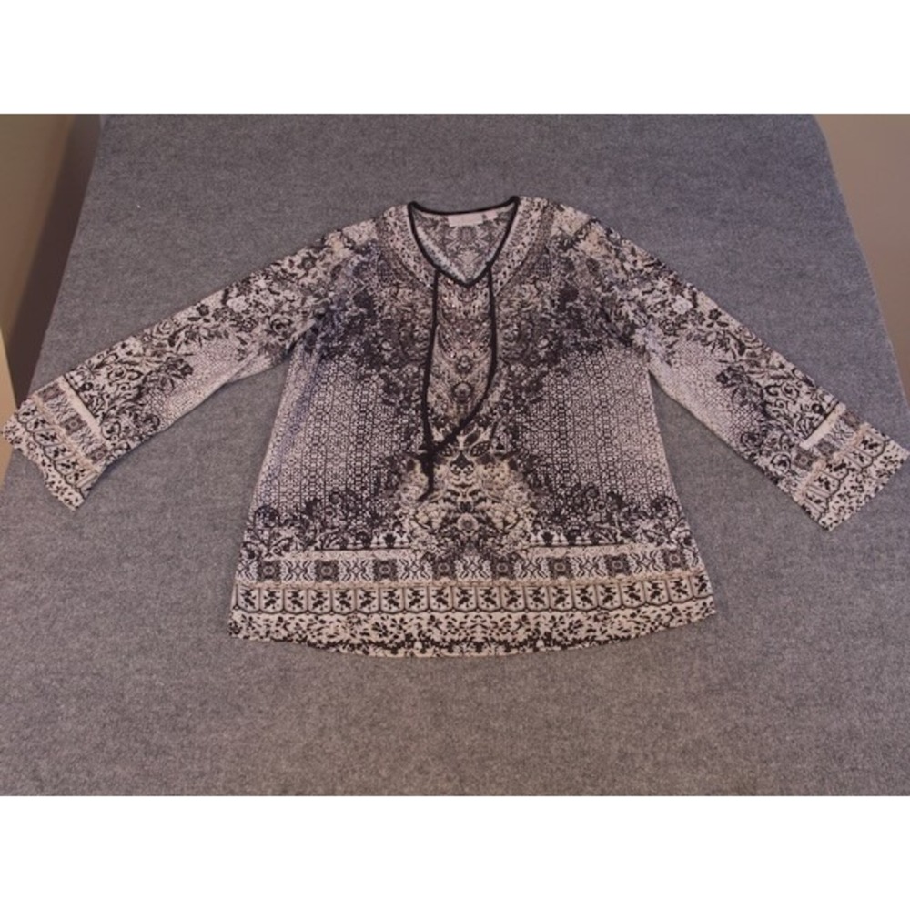 Belle Kim Gravel Women's Black White Paisley Long Sleeve Tunic Top Size S #1882